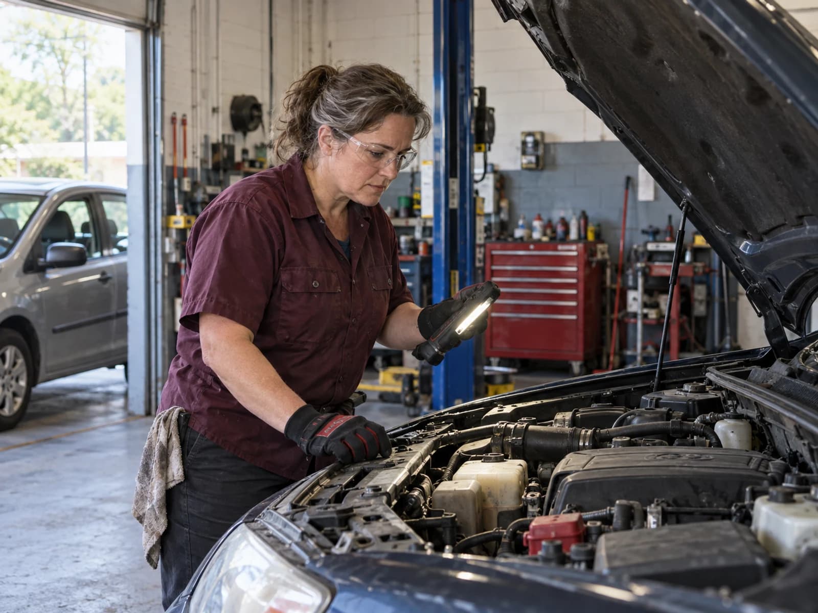 An auto repair professional inspecting a car’s engine in her workshop.