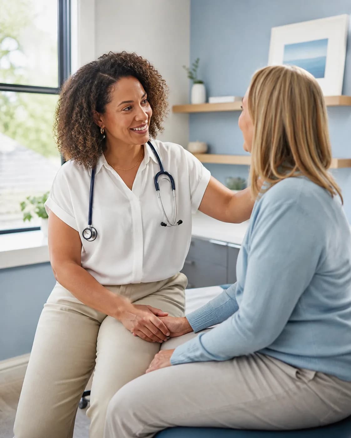 A doctor talking with a patient at her local practice.