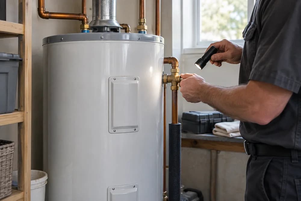A water heater at a home service visit
