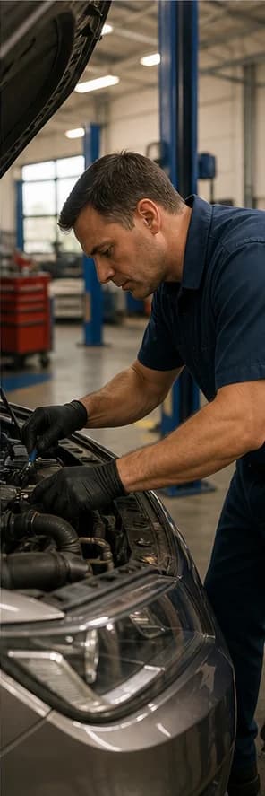 An auto repair professional inspecting a customer vehicle