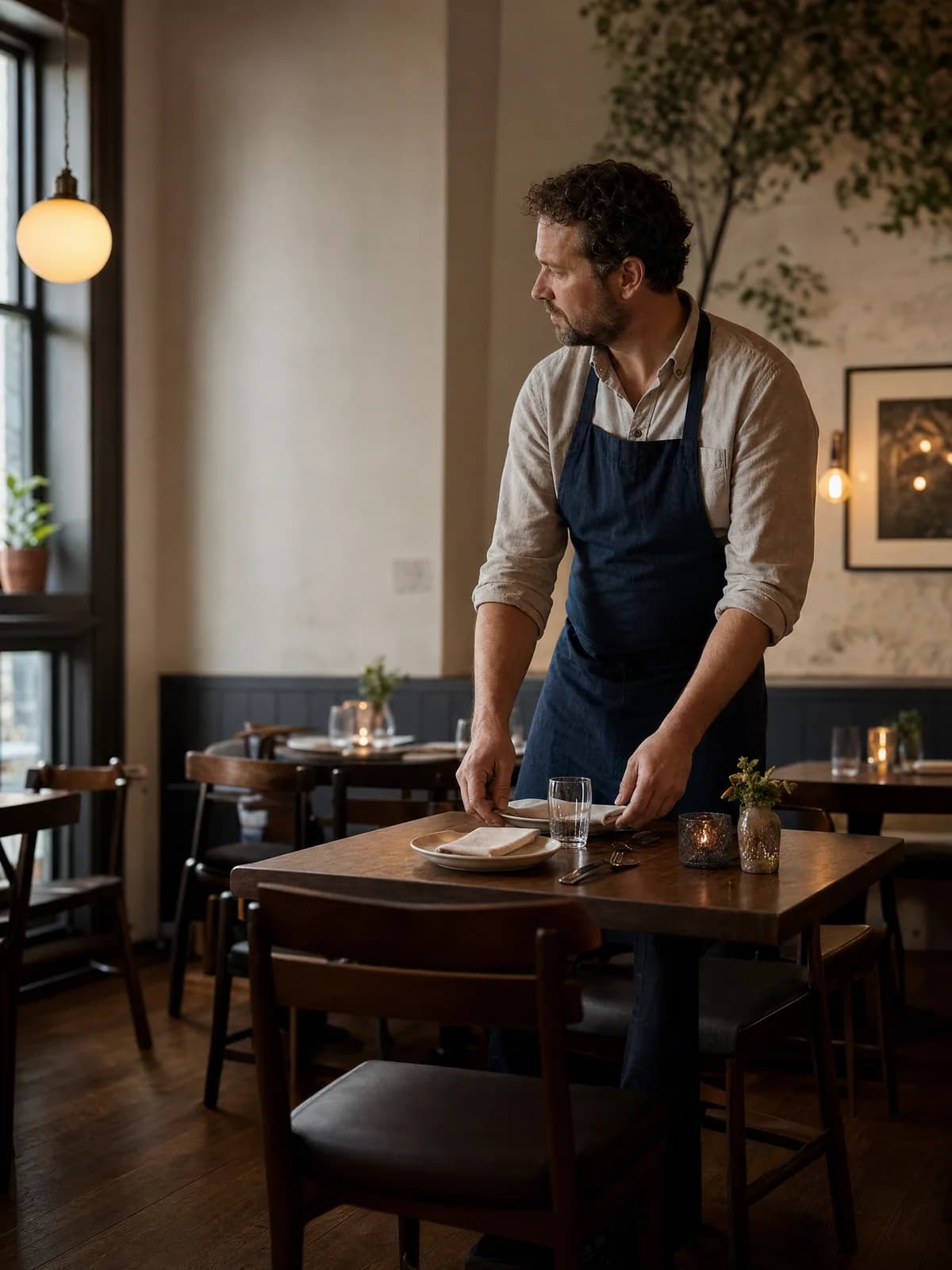 A restaurant owner preparing the dining room for service