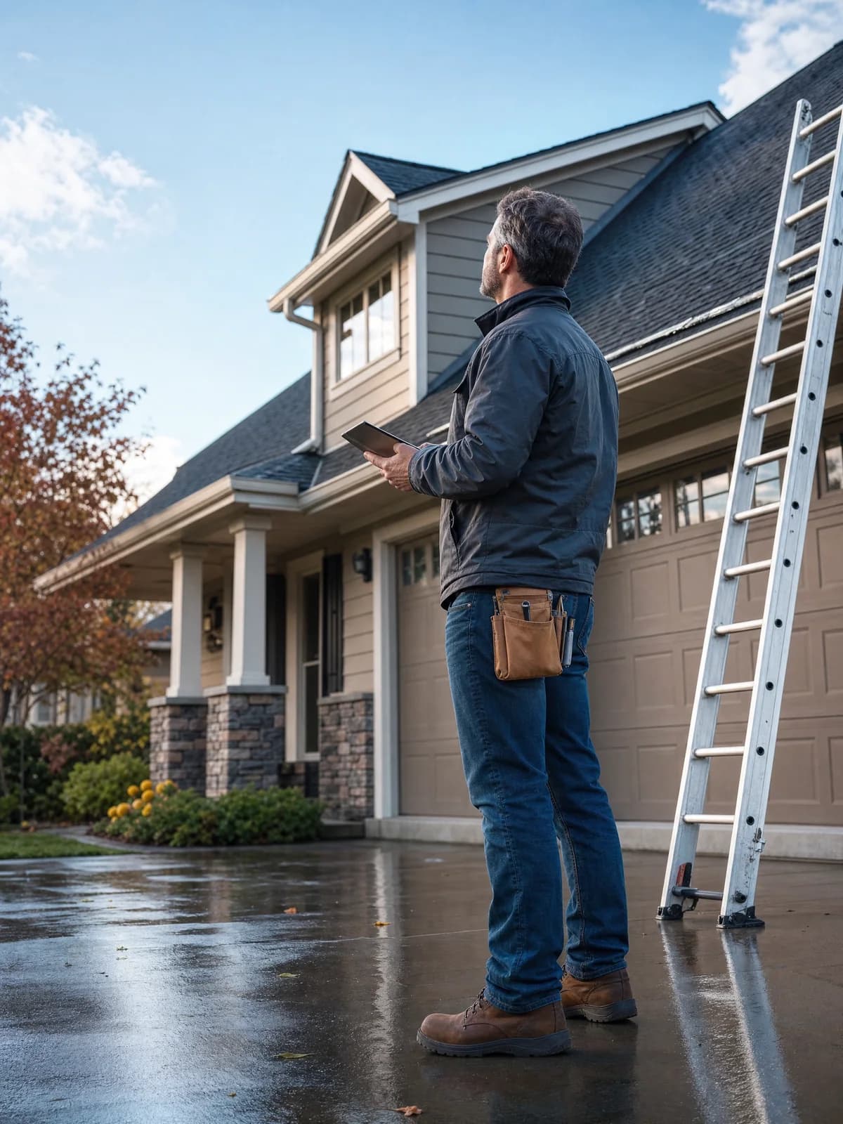 A roofing business owner inspecting a residential roof