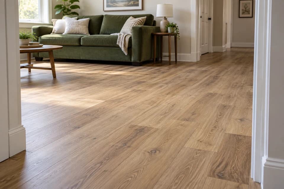 Finished oak-look flooring in a family living room