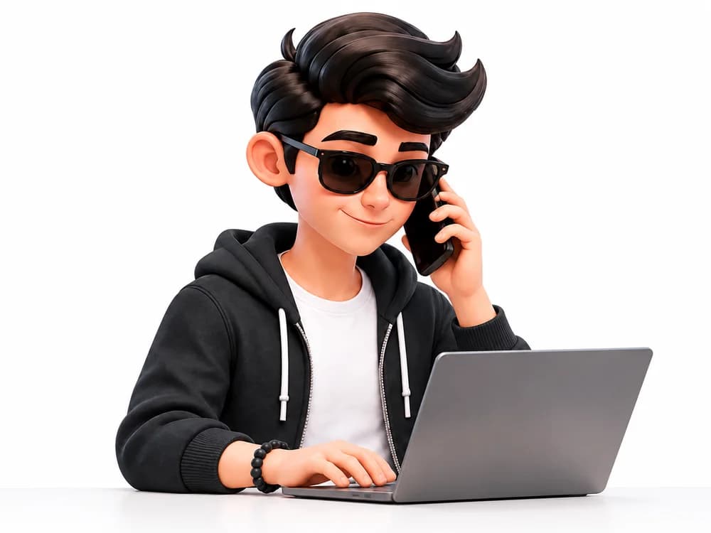 Nephew handling customer work on a laptop and phone