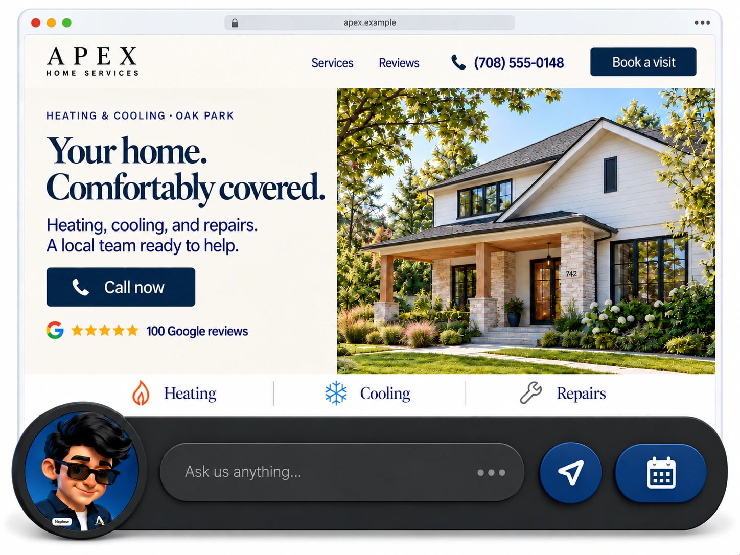 A heating and cooling website with a phone number, reviews, and Nephew’s website agent ready to answer visitors.